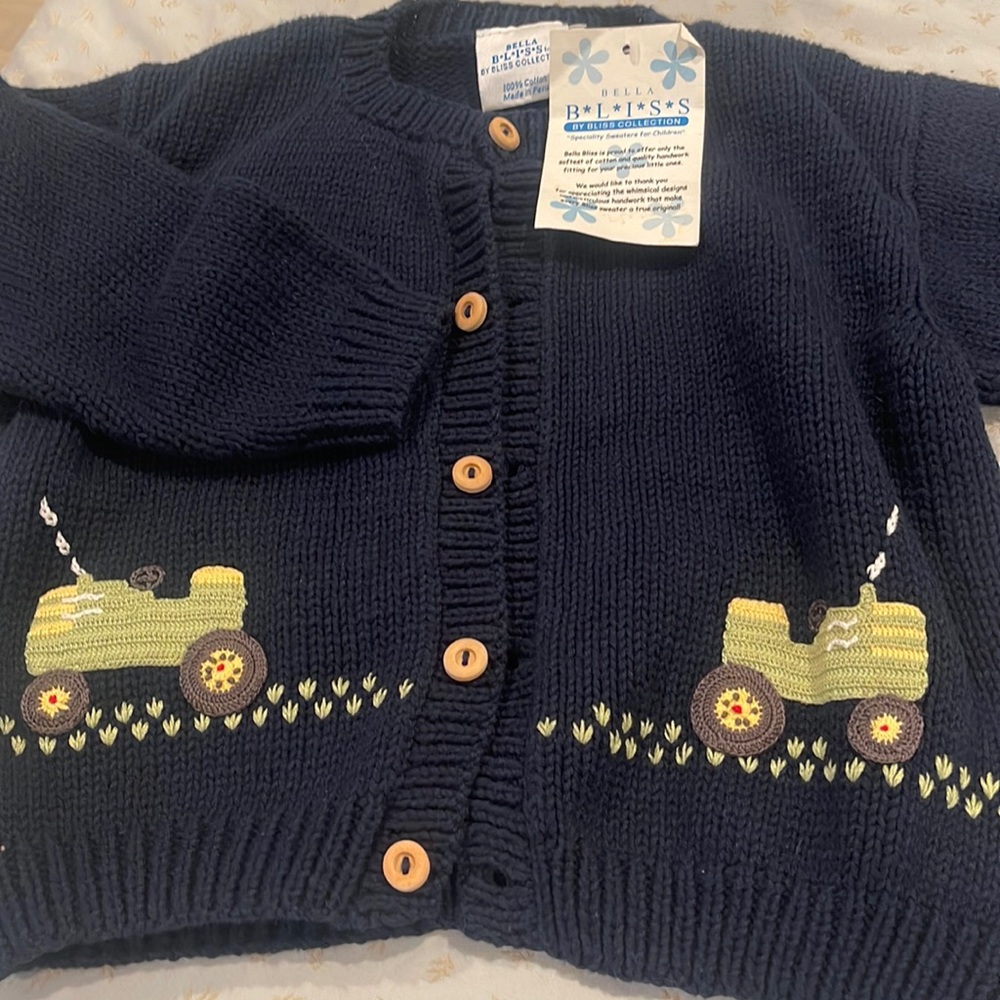 Navy Bella Bliss sweater with crocheted tractor